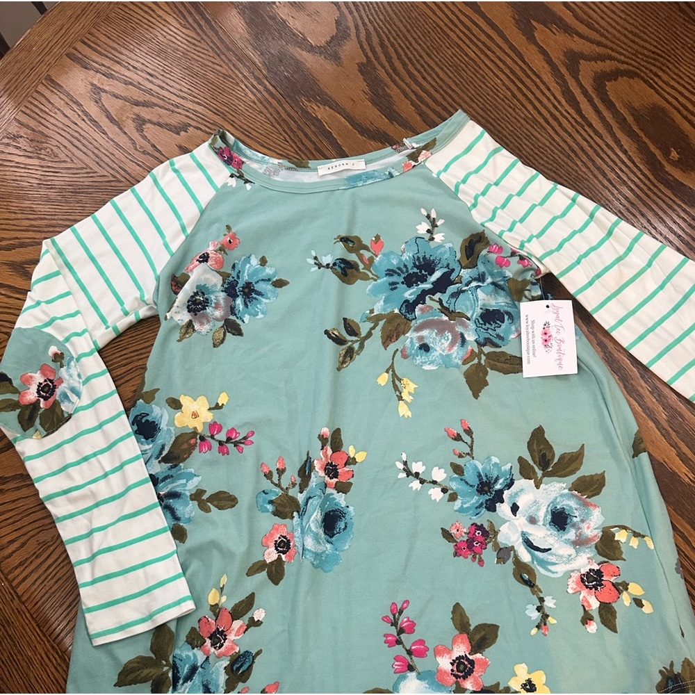 Floral Women’s Shirt with Striped Sleeves